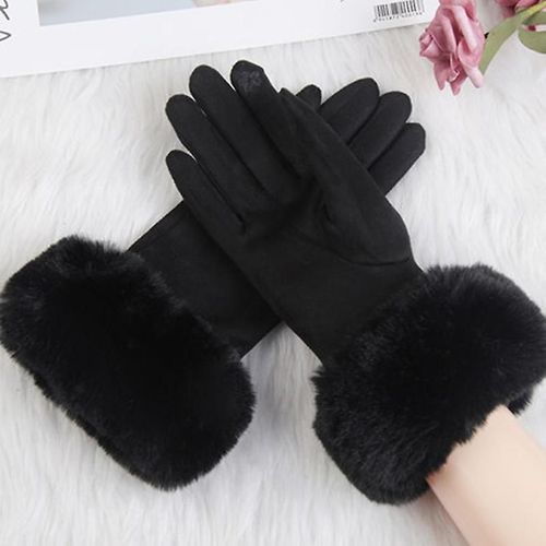 Mode Femmes Hiver Chaud Daim Cuir Écran Tactile Gant Femme Fausse Fourrure De Lapin Broderie Plus Velours Épais Gants De Conduite H92 Taille Unique Noir