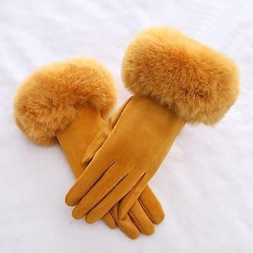 Mode Femmes Hiver Chaud Daim Cuir Écran Tactile Gant Femme Fausse Fourrure De Lapin Broderie Plus Velours Épais Gants De Conduite H92 Taille Unique Jaune