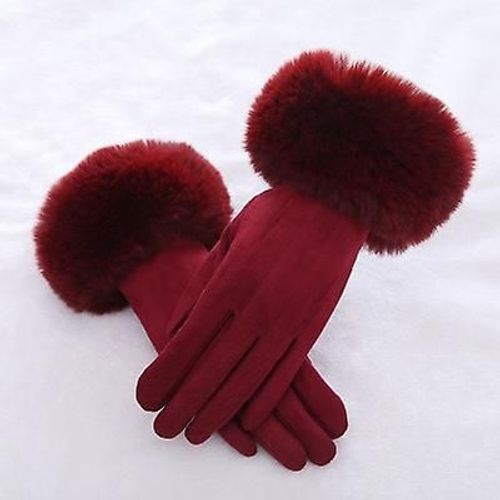Mode Femmes Hiver Chaud Daim Cuir Écran Tactile Gant Femme Fausse Fourrure De Lapin Broderie Plus Velours Épais Gants De Conduite H92 Taille Unique Vin Rouge