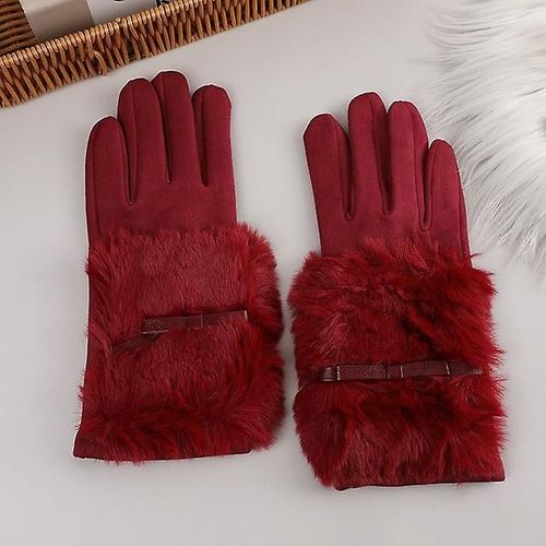 Mode Femmes Hiver Chaud Daim Cuir Écran Tactile Gant Femme Fausse Fourrure De Lapin Broderie Plus Velours Épais Gants De Conduite H92 Taille Unique S16 Vin Rouge