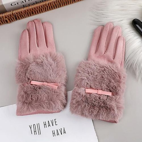 Mode Femmes Hiver Chaud Daim Cuir Écran Tactile Gant Femme Fausse Fourrure De Lapin Broderie Plus Velours Épais Gants De Conduite H92 Taille Unique S16 Rose