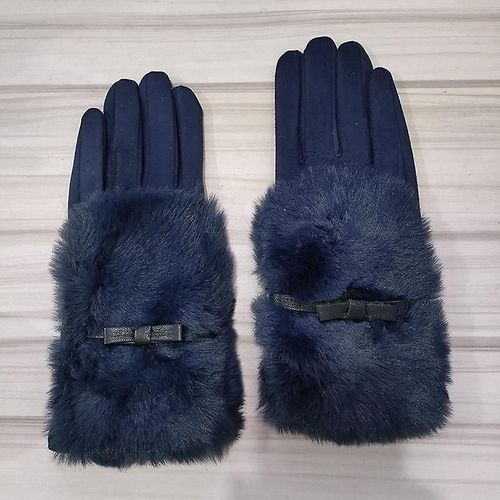 Mode Femmes Hiver Chaud Daim Cuir Écran Tactile Gant Femme Fausse Fourrure De Lapin Broderie Plus Velours Épais Gants De Conduite H92 Taille Unique S16 Bleu Foncé