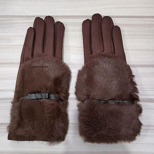 Mode Femmes Hiver Chaud Daim Cuir Écran Tactile Gant Femme Fausse Fourrure De Lapin Broderie Plus Velours Épais Gants De Conduite H92 Taille Unique S16 Café