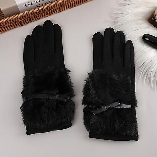 Mode Femmes Hiver Chaud Daim Cuir Écran Tactile Gant Femme Fausse Fourrure De Lapin Broderie Plus Velours Épais Gants De Conduite H92 Taille Unique S16 Noir