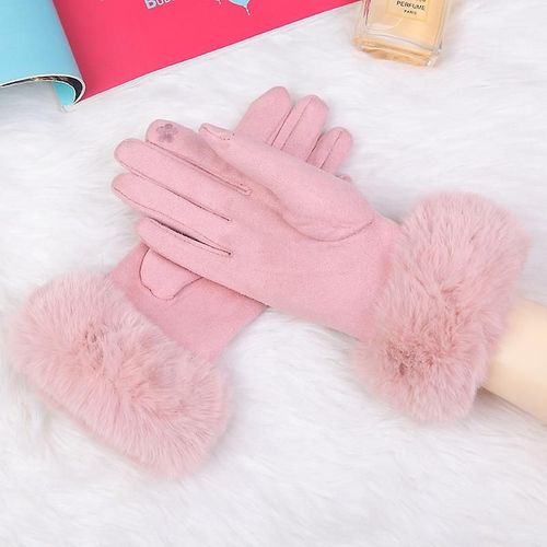 Mode Femmes Hiver Chaud Daim Cuir Écran Tactile Gant Femme Fausse Fourrure De Lapin Broderie Plus Velours Épais Gants De Conduite H92 Taille Unique Rose