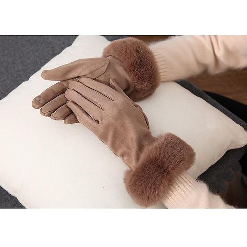 Mode Femmes Hiver Chaud En Daim En Cuir Écran Tactile Gant Femme Faux Lapin Fourrure Broderie Plus Velours Épais Gants De Conduite H92 Taille Unique Kaki