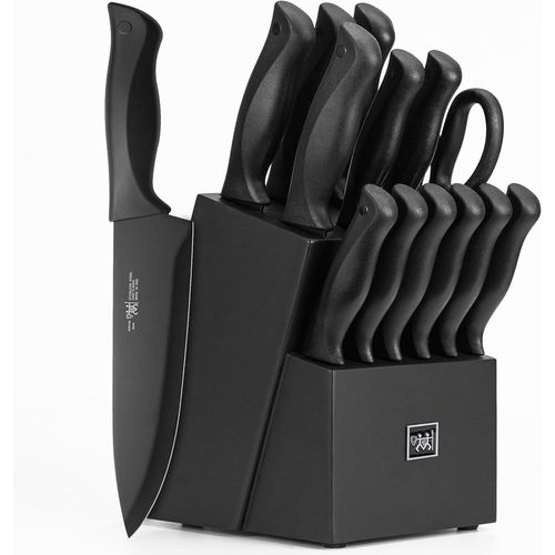 Bmtterqgwo-Hunter.Dual Set De 15 Couteaux De Cuisine Avec Bloc Aiguisage, Securise Lave-Vaisselle, Manche Anti-Derapant Noir