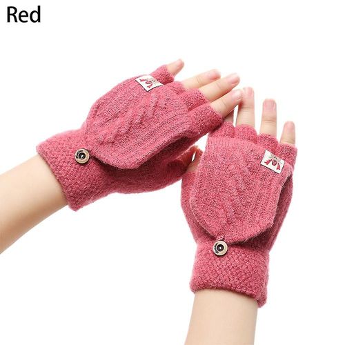 1 Paire De Gants D'hiver Tricotés À Rabat, Gants Chauds En Laine, Flocage, Gants Chauds Tricotés À Demi-Doigt, Cadeau Pour Fille Et Femme, Taille Unique Rouge