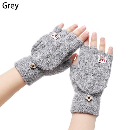 1 Paire De Gants D'hiver Tricotés À Rabat, Gants Chauds En Laine, Flocage, Chauds, Tricotés, Demi-Doigt, Cadeau Pour Fille Et Femme, Taille Unique, Gris