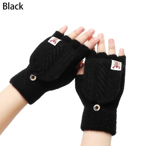 1 Paire De Gants D'hiver Tricotés À Rabat, Gants Chauds En Laine, Flocage, Chauds, Tricotés, Demi-Doigt, Cadeau Pour Fille Et Femme, Taille Unique, Noir