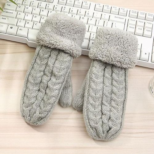 Femmes Mode Tricot Twist Fleurs Mitaines Hiver Femme Laine Plus Cachemire Velours Épaississement Chaud Doigt Complet Gants Taille Unique N507-Lightgray