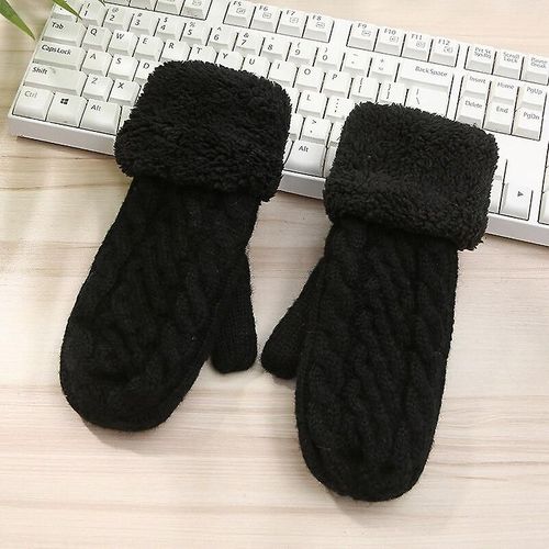 Femmes Mode Tricot Twist Fleurs Mitaines Hiver Femme Laine Plus Cachemire Velours Épaississement Chaud Doigt Complet Gants Taille Unique N507-Noir