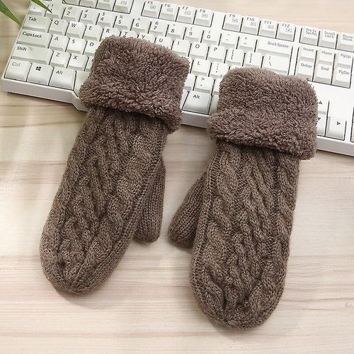 Femmes Mode Tricot Twist Fleurs Mitaines Hiver Femme Laine Plus Cachemire Velours Épaississement Chaud Doigt Complet Gants Taille Unique N507-Marron