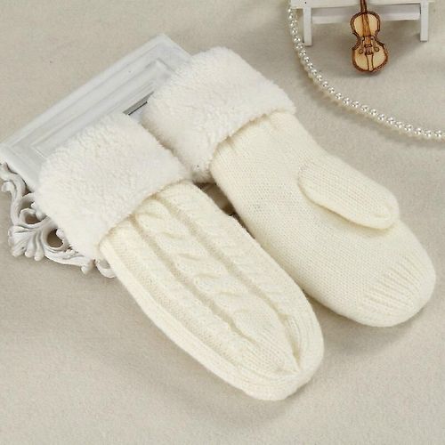 Femmes Mode Tricot Twist Fleurs Mitaines Hiver Femme Laine Plus Cachemire Velours Épaississement Chaud Doigt Complet Gants Taille Unique N508-Blanc