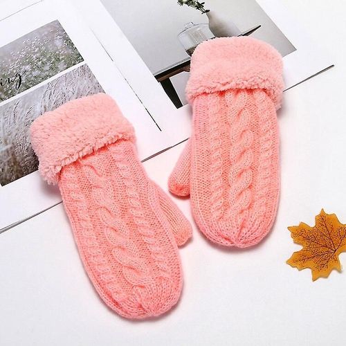 Femmes Mode Tricot Twist Fleurs Mitaines Hiver Femme Laine Plus Cachemire Velours Épaississement Chaud Doigt Complet Gants Taille Unique N508-Rose