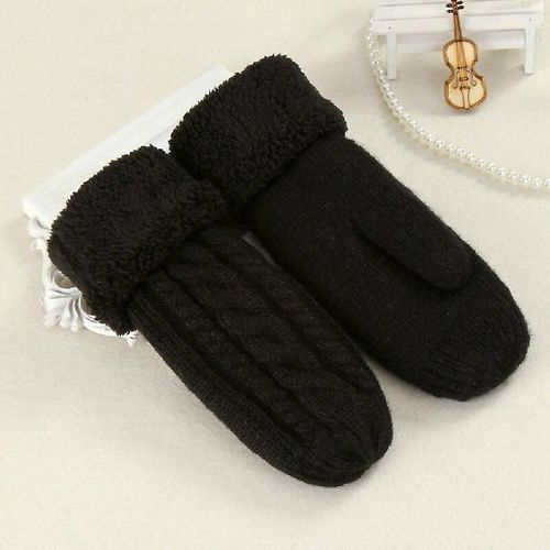 Femmes Mode Tricot Twist Fleurs Mitaines Hiver Femme Laine Plus Cachemire Velours Épaississement Chaud Doigt Complet Gants Taille Unique N508-Noir