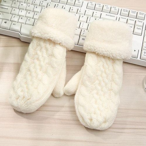 Femmes Mode Tricot Twist Fleurs Mitaines Hiver Femme Laine Plus Cachemire Velours Épaississement Chaud Doigt Complet Gants Taille Unique N507-Blanc