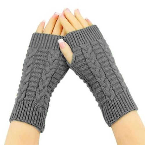 Gants Chauds D'hiver Pour Femmes Et Filles, Mitaines Tricotées De Couleur Unie, Sans Doigts, En Laine Artificielle Épaisse, Gris Clair
