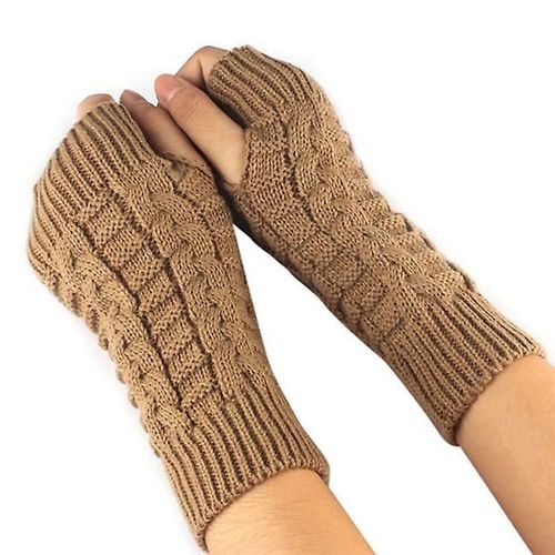Gants Chauds D'hiver Pour Femmes Et Filles, Mitaines Tricotées De Couleur Unie, Sans Doigts, En Laine Artificielle Épaisse, Kaki