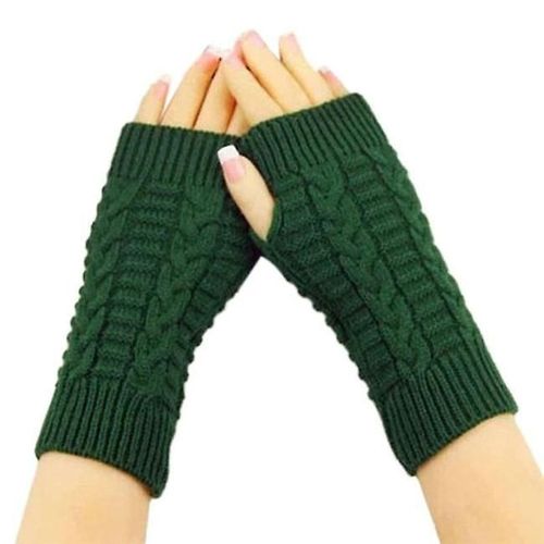 Gants Chauds D'hiver Pour Femmes Et Filles, Mitaines Tricotées De Couleur Unie, Sans Doigts, En Laine Artificielle Épaisse, Vertes