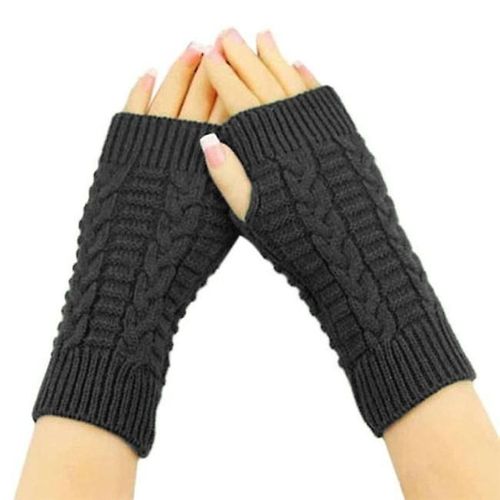 Gants Chauds D'hiver Pour Femmes Et Filles, Mitaines Tricotées De Couleur Unie, Sans Doigts, En Laine Artificielle Épaisse, Gris Foncé