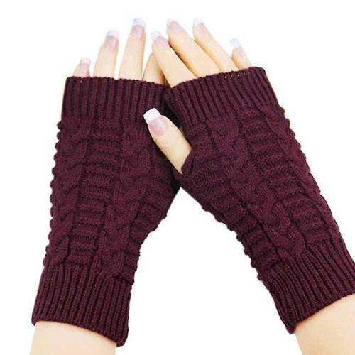 Gants Chauds D'hiver Pour Femmes Et Filles, Mitaines Tricotées De Couleur Unie, Sans Doigts, En Laine Artificielle Épaisse, Rouge Vin