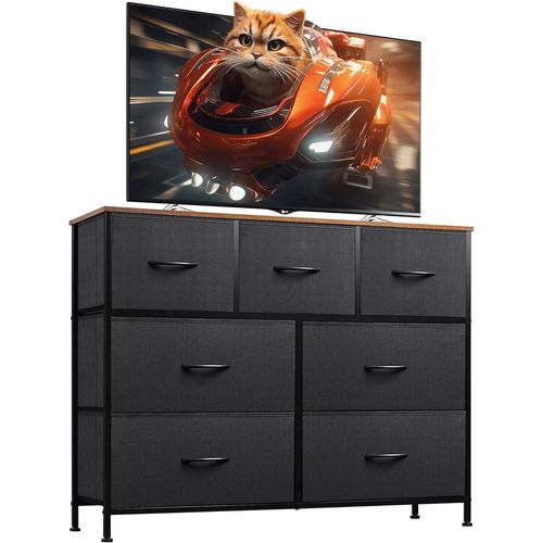 Bmtterqgwo-Wlive Commode Tv 7 Tiroirs, Meuble Media Cadre Metal Et Plateau Bois Pour Tv Jusqua 45 Pouces, Noir Et Marron Rustique