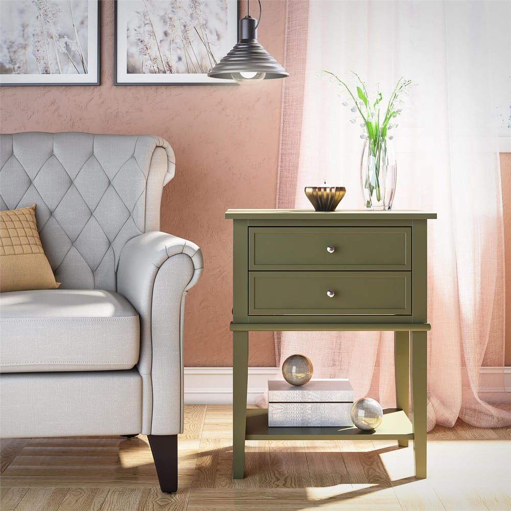 Table D’Appoint Avec 2 Tiroirs En Mélaminé Vert Olive