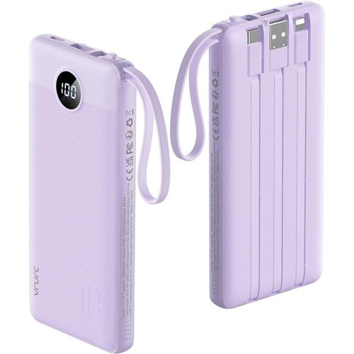 Bmtterqgwo-Vrurc Batterie Externe Portable 10000mah 5 Sorties 2 Entrees Slim Cables Integres Iphone Samsung Android Lavande (1