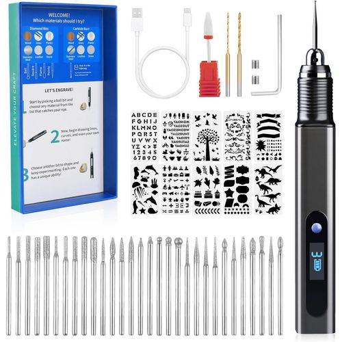 Bmtterqgwo-Kit Graveur Sans Fil Rechargeable 33 Embouts 10 Pochoirs Outil Rotatif Diy Pour Bijoux Pierre Bois Verre Metal Plastique