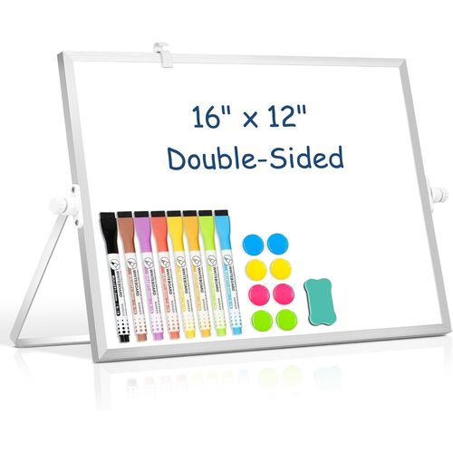 Bmtterqgwo-Tableau Blanc Dollar Boss 16x12"" Double Face Magnetique, Portable Avec Support, 8 Marqueurs 8 Aimants 1 Effaceur, Argent