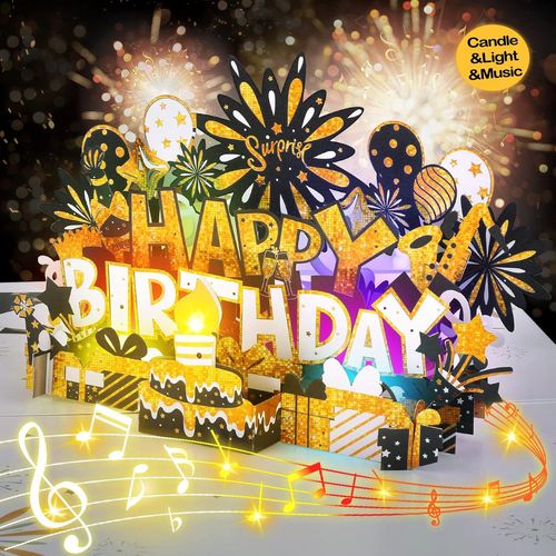 BMTTERQGWO-Carte anniversaire musicale pop up avec LED et musique Joyeux Anniversaire cadeau pour lui ou elle noir or