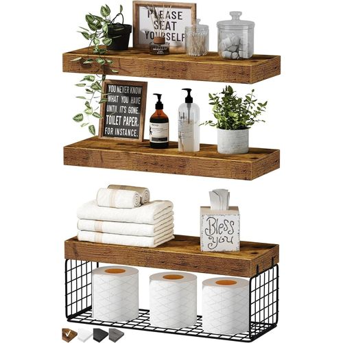 Bmtterqgwo-Qeeig Etagere Salle De Bain 3 Pieces 16 Pouches Montage Mural Rangement Papier Toilette Decor Rustique Marron