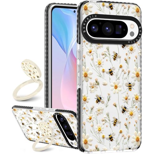 Bmtterqgwo-Boaretiu Etui Mignon Kawaii Google Pixel 9pro Xl Support Design Anneau Rotatif 360° Collant Femmes Filles Style Fleur