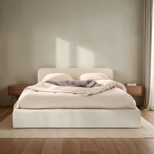 Lit Double En Tissu Blanc Crème, Avec Sommier, 140 X 190 Cm
