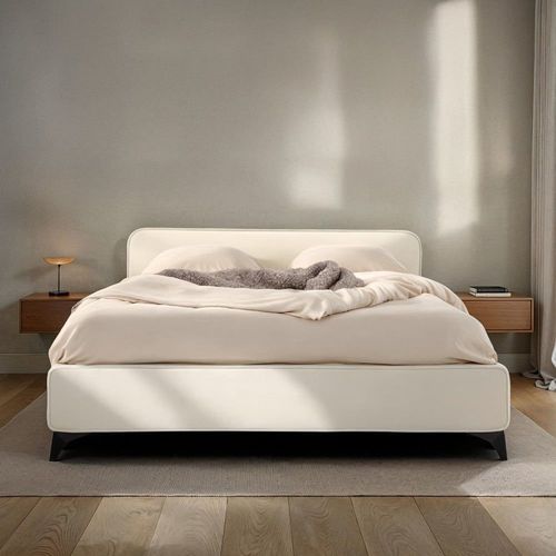 Lit Double En Tissu Peau De Pêche, Blanc, Avec Sommier, 140 X 190 Cm