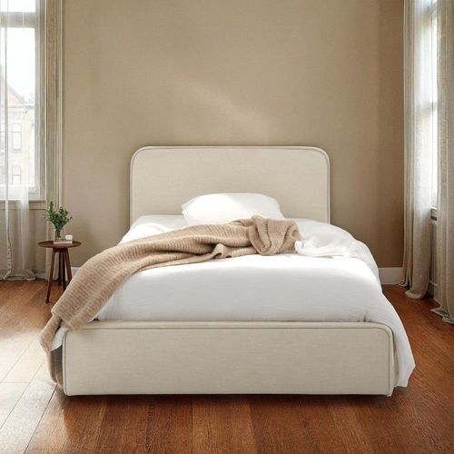 Lit Simple En Tissu Blanc Crème, Avec Sommier, 90 X 190 Cm