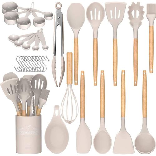 Bmtterqgwo-Umite Chef Set Ustensiles Cuisine 33 Pcs Antiadhesif Silicone Avec Support, Manche Bois, Gadgets Cuisine (Kaki)