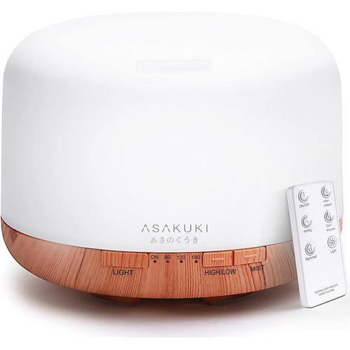 Bmtterqgwo-Asakuki Diffuseur D'huiles Essentielles 500ml Avec Telecommande, 5 En 1 Ultrasonique, Minuterie Et Arret Auto Marron 