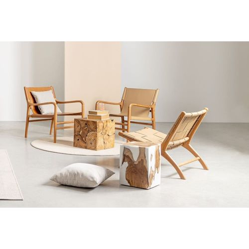 Fauteuil Lounge À Accoudoirs En Bois Teck Et Cuir Pleine Fleur Taupe
