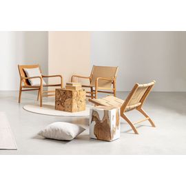 Fauteuil Lounge À Accoudoirs En Bois Teck Et Cuir Pleine Fleur Taupe