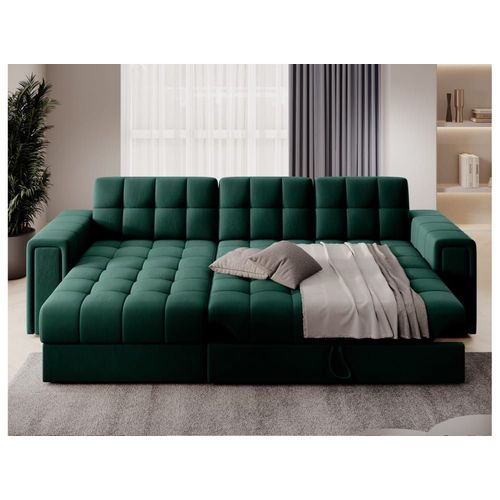 Canapé D'angle 3 Places Convertible En Tissu - Vert Foncé
