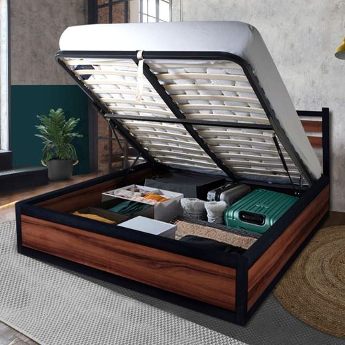 Lit Coffre Et Tête De Lit Style Industriel Bois Et Métal 140x190 Cm