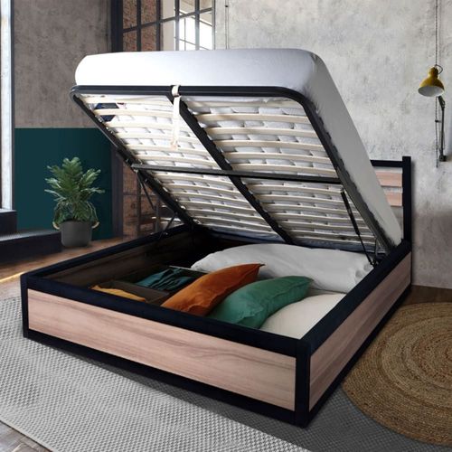 Lit Coffre Et Tête De Lit Style Industriel Bois Et Métal 140x190 Cm