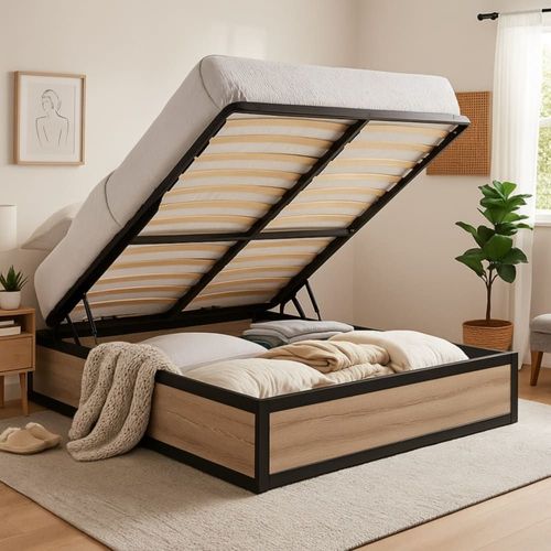 Lit Coffre Style Industriel Bois Clair Et Métal Ouverture Large 90x190