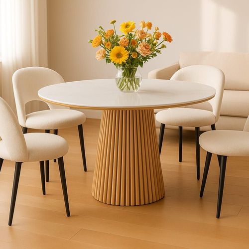Table À Manger Ronde En Céramique Effet Marbre Et Bois Clair 6 Places