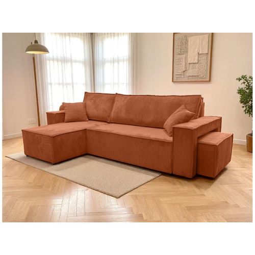 Canapé D'angle Convertible Avec Un Pouf En Velours Côtelé - Terracotta