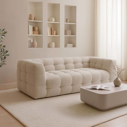 Canapé 3 Places En Bois Et Polyester Effet Mattelassé Écru