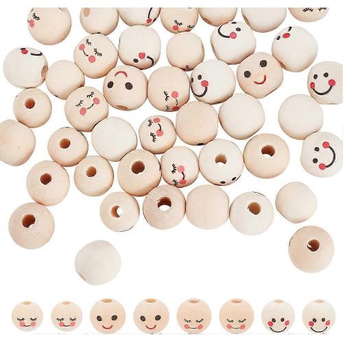 Lot De 80 Perles En Bois Avec Visage Souriant, 4 Styles Et 3 Tailles, Perles En Vrac Avec Tête En Dentelle Ancienne, Différentes Expressions Imprimées, Perles Rondes À Grand Trou, Espaceurs En Bois Naturel
