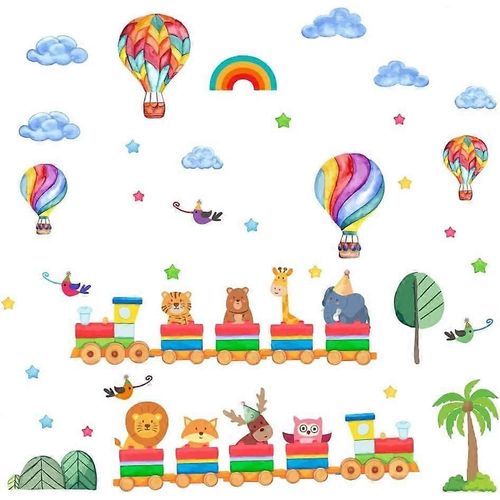 Autocollants muraux colorés en forme de train d'animaux, dessin animé, montgolfière, jungle, girafe, éléphant, décoration murale à décoller et à coller pour chambre d'enfant, crèche, garçons